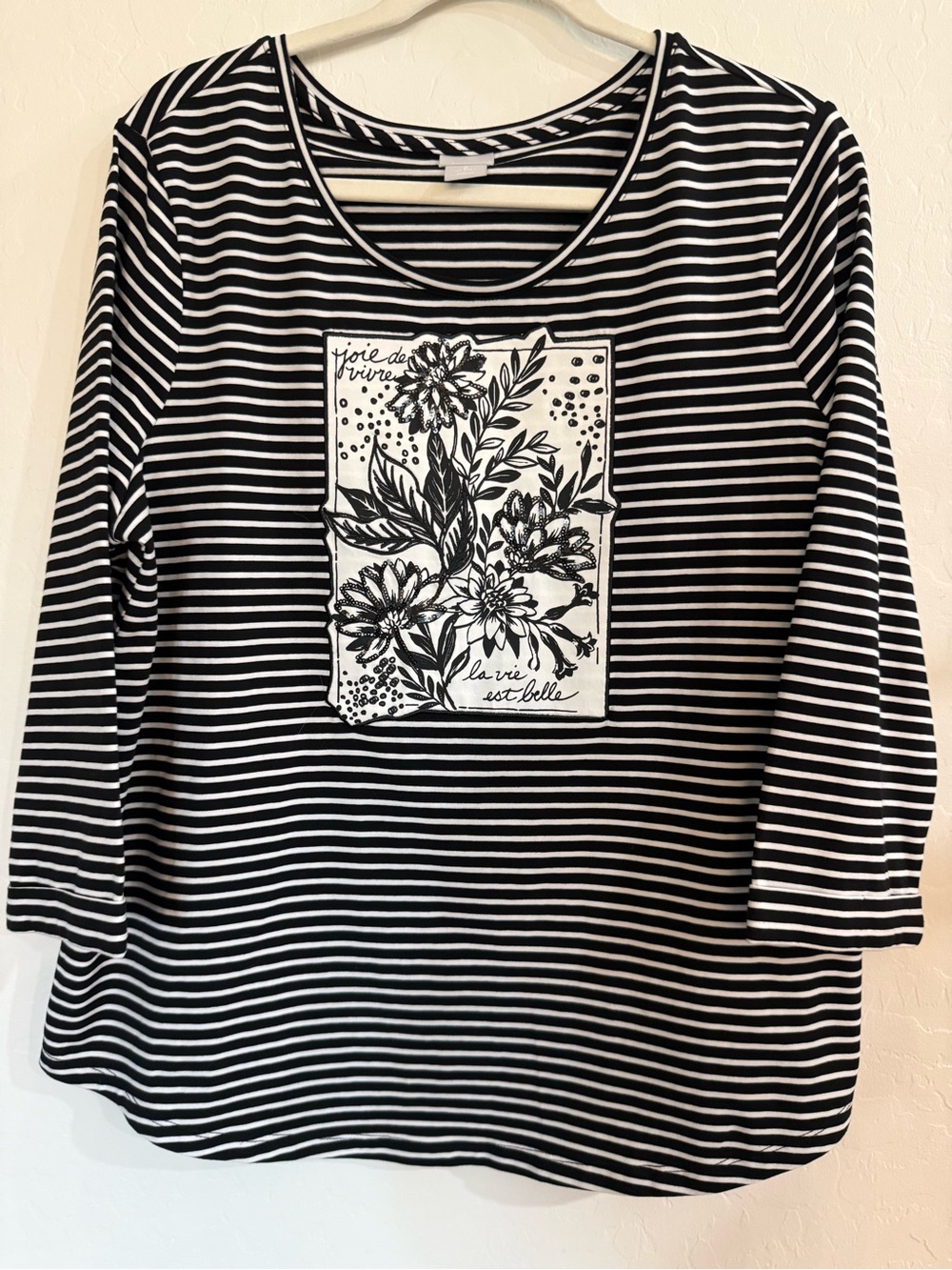 Chico's Black and White Striped Long Sleeve Tee with Floral Graphic